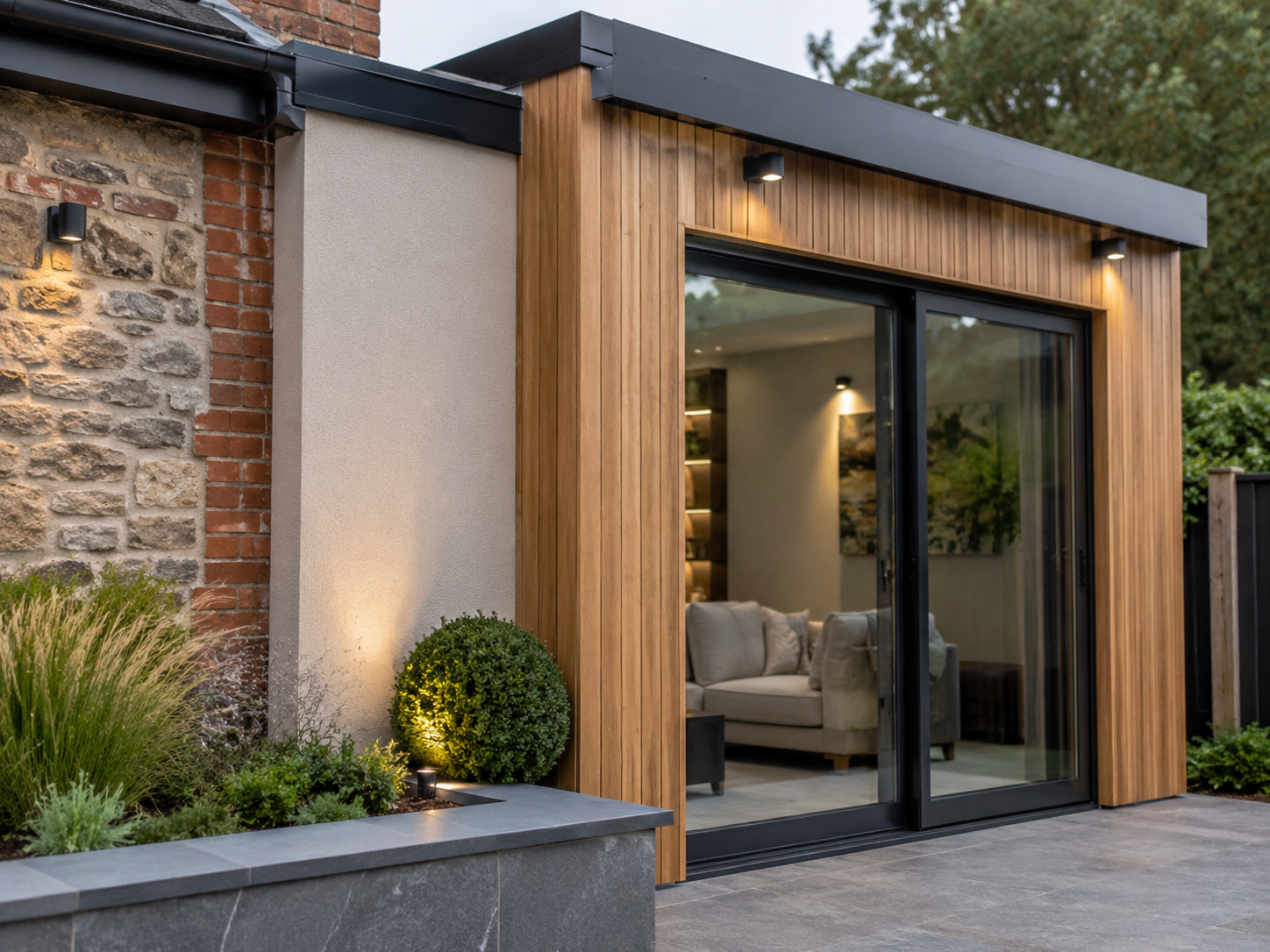 Grandform garden room project with large glazing and timber-style exterior finish
